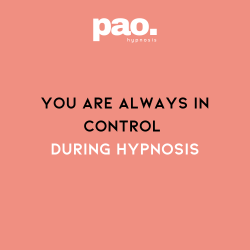 Hypnotherapy Miami - Pink background with white and black text that reads 'pao. hypnosis' and 'You are always in control during hypnosis'.