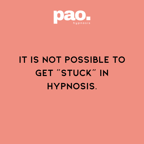 Hypnotherapy Miami - Pink background with white text at top reading 'pao. hypnosis' and black text in the center stating 'IT IS NOT POSSIBLE TO GET 'STUCK' IN HYPNOSIS.'