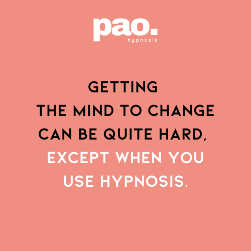 Hypnotherapy Miami - Pink background with the text 'pao. hypnosis' at the top and a quote in black and white that reads, 'Getting the mind to change can be quite hard, except when you use hypnosis.'