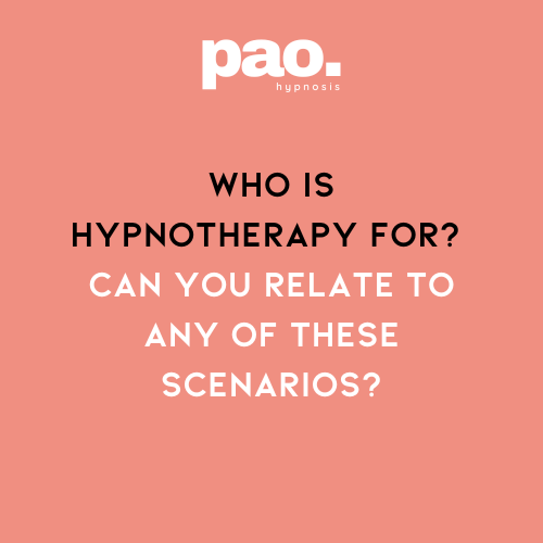 Hypnotherapy Miami - Pink background with the text 'pao. hypnosis' at the top, followed by 'WHO IS HYPNOTHERAPY FOR? CAN YOU RELATE TO ANY OF THESE SCENARIOS?'